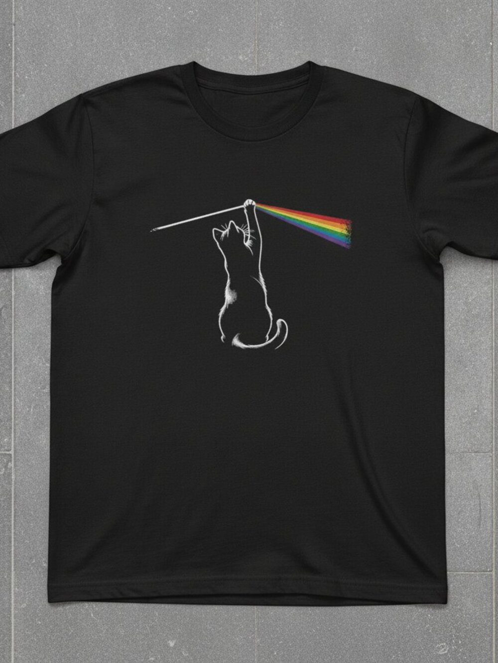 Cat Rainbow Graphic T-Shirt Cute Retro Animal Tee Black Unisex Pride Inspired